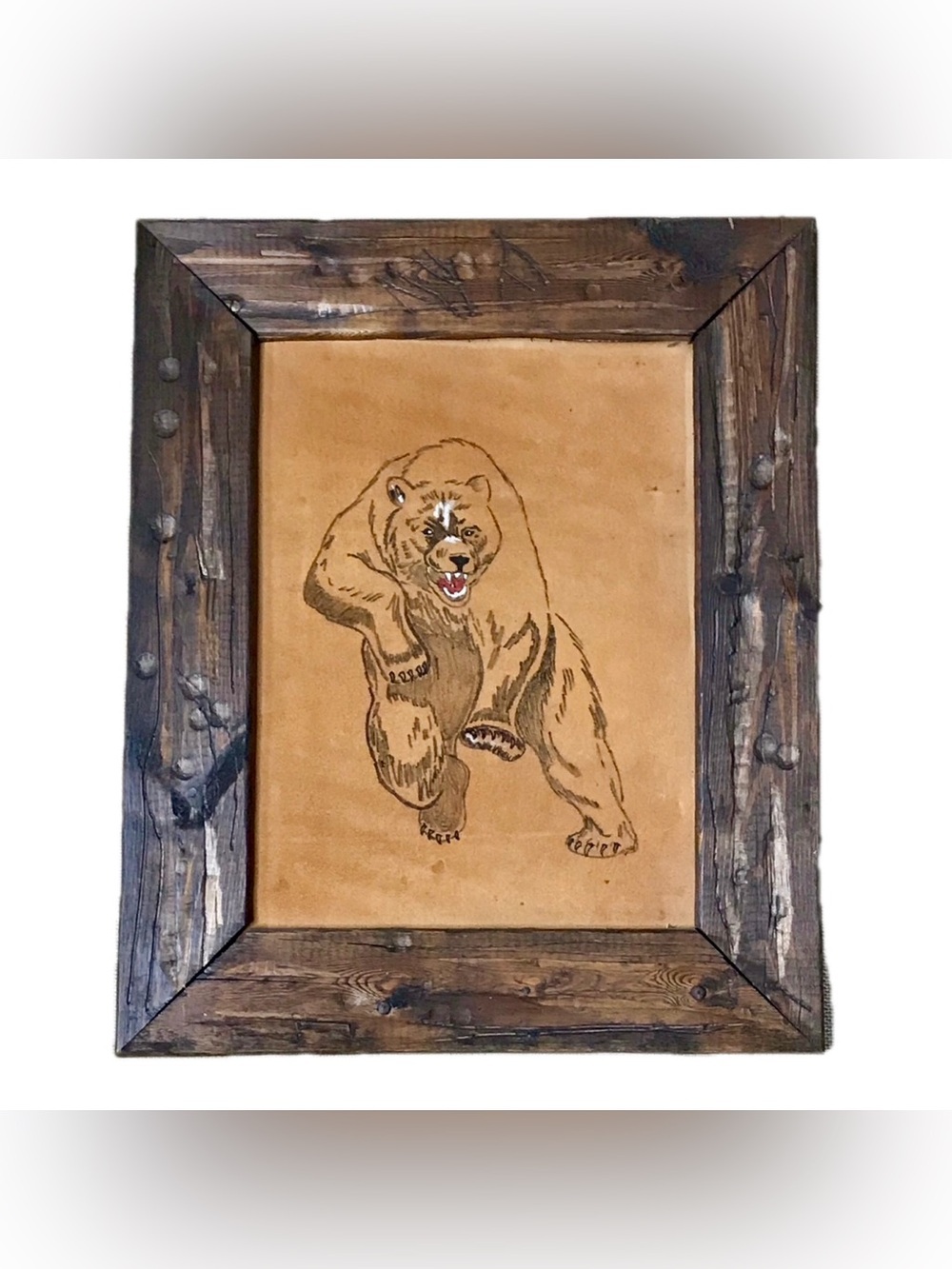 Vintage Bear Drawing On Leather Framed Art Rustic Farmhouse Man Cave DAMAGED
